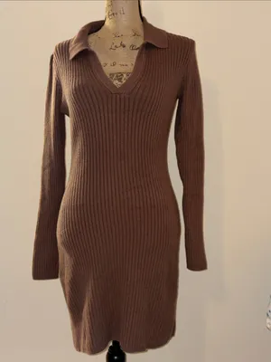 Hollister Chocolate Brown Ribbed V-Neck Sweater Dress thumbnail 3