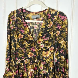 Anthropologie Floral Peplum Blouse V-Neck Button Front Flared Cuff Top Black thumbnail 8