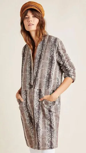 Blank NYC Python Print Faux Suede Longline Duster Coat Neutral Taupe Womens Sm thumbnail 1
