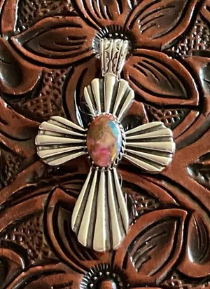 Sterling Silver 925 Cross Pendant with Spiny Oyster & Turquoise thumbnail 1