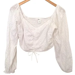 Japna Eyelet Crop Top Sz M White Long Puff Sleeve Cinched Front Boho Cottagecore thumbnail 1