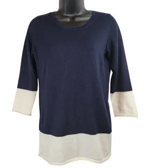 Color Block Top Navy and‎ Cream 3/4 Sleeve Round Neck Sweater thumbnail 1