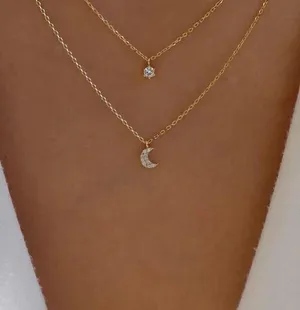 Casual Rhinestone Moon Charm Layered Necklace Gold thumbnail 1