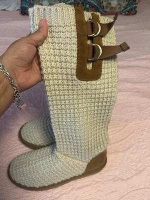 UGG Cream Knit Tall Heeled Boots with Chestnut Suede Trim thumbnail 2