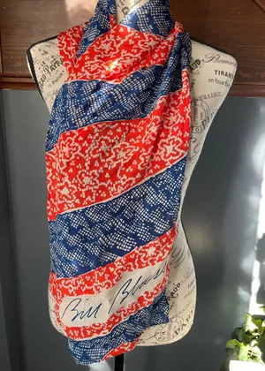Bill Blass Vintage Silk Scarf Red White Blue Striped‎ Geometric Signature Print thumbnail 1