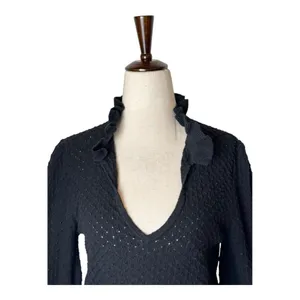 Ganni Sweater Women Small Black Linen Cotton Blend Textured Knit Ruffle Collar‎ thumbnail 3