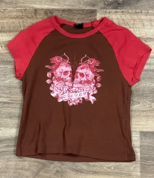 Urban Outfitters Skull Forever Ringer Baby Tee Shirt Women’s Large thumbnail 1