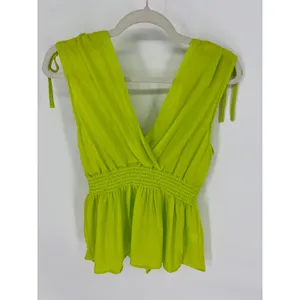 JON & ANNA Peplum Top Women XL Neon Lime Green Tie Shoulder V-Neck Smocked‎ NWT thumbnail 6