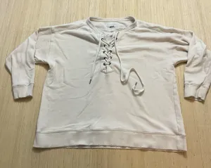 Aerie Oversized Lace-Up Pullover Slouchy Sweatshirt Boho Beige Vanilla Medium thumbnail 1