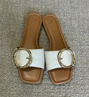 A New Day White Slide Sandals with Gold Buckle Women Size 9! thumbnail 1