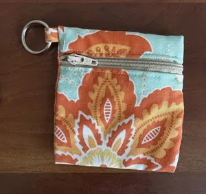 Handmade Light Blue Orange Floral Coin Pouch with Keychain Clip Zip Closure thumbnail 1