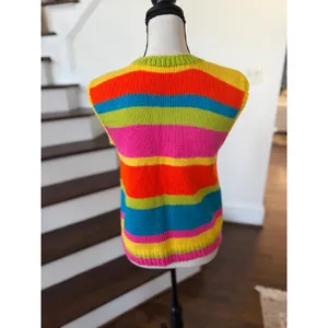 Handmade Vintage Hand Knit Neon Rainbow Orange Lime Green Pink Rugby Stripe Sweater Vest thumbnail 2