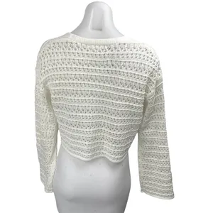 Women's White Crochet Knit Long Sleeve V Neck Crop Button Up Cardigan Sweater 14 thumbnail 2