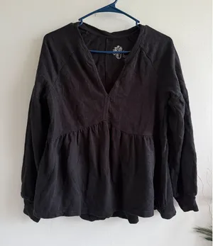 Pilcro Anthropologie‎ Black Cotton Peplum V-Neck Babydoll Top XS Long Sleeve thumbnail 1