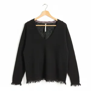Free People Fringed V-Neck Solid Knit Sweater Black Boho Raw Edge Size S thumbnail 3