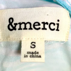 &merci Aqua White Striped Seersucker Tiered Mini Dress S Half Button Puff Sleeve thumbnail 9