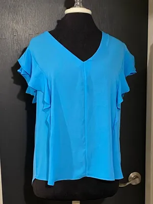 Ann Taylor Bright Blue Blouse with Ruffle Sleeves 💜 thumbnail 1