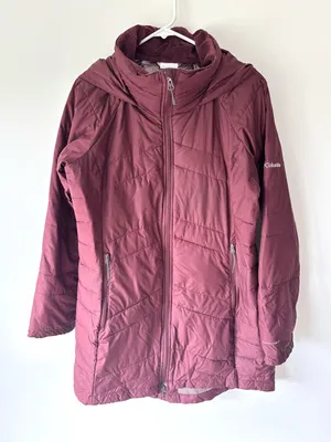 Columbia Long Line Maroon Puffer Hooded Winter Jacket Outdoor Insulated thumbnail 1