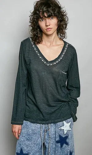 POL Contrast Stitch V-Neck Lightweight Knit Long Sleeve Top - Black - Large thumbnail 1