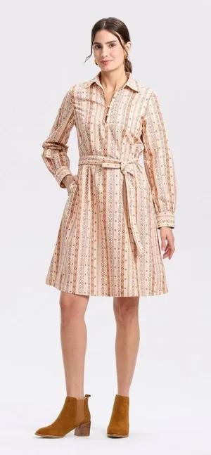 Universal Threads NWT Bishop Long Sleeve Poplin Shirtdress Large Beige Striped thumbnail 1