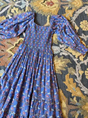 Oliphant Blue Floral Maxi‎ Dress with Puff Sleeves Size Medium thumbnail 4