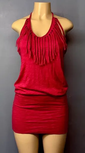 Red Heather Fringe Halter Micro Mini Dress Medium Bodycon thumbnail 1