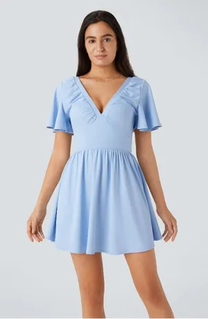 Halara V Neck Tie Back Short Sleeve Flowy Mini Babydoll Dress Light Blue S thumbnail 1