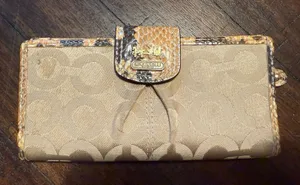 Wallet Coach Madison Op Sateen Slim Bifold Khaki Python Snake‎ Leather RARE J thumbnail 1