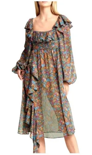 For Love & Lemons Brittany Floral Midi Dress Smocked Ruffle Medium NWT Romantic thumbnail 1
