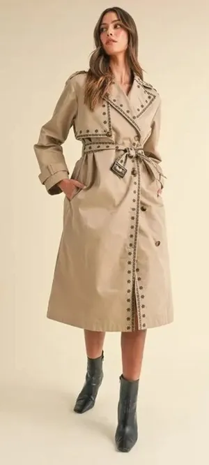 NEW Mable Embroidered Trench Coat Sz Medium Taupe and Black Neutral thumbnail 1