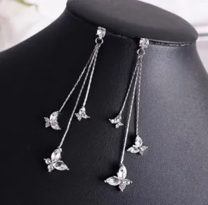 925 Silver Needle Crystal Butterfly Long Tassel Dangle Drop Earrings for Women thumbnail 1