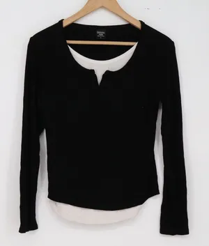 QSHIZHU Top Womens L Layered Look Black Ribbed Split Neck Long Sleeve Excellent thumbnail 1