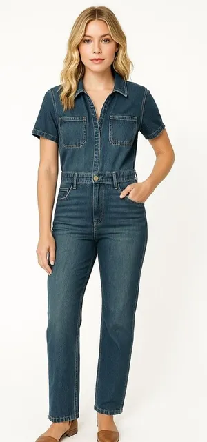 Judy Blue Women's Denim Jumpsuit Size S Casual Short Sleeve‎ Blue thumbnail 1