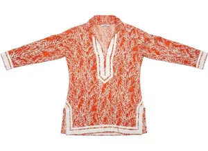 Tory Burch Orange Coral Print Cotton Tunic Top Herringbone Trim Size 8 thumbnail 1