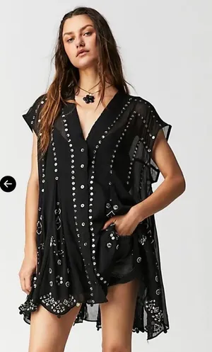 Free People Aston Black Studded Button-Front Sheer Tunic Dress Size Medium. A1 thumbnail 1