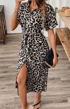 Abstract Print (NOT Animal Print) Short Sleeve Button Down Tie Dress thumbnail 5