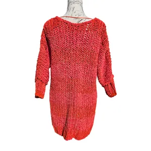 Free People Chunky‎ Knit Tunic Sweater Orange Red Marled V-Neck Oversized Small thumbnail 3