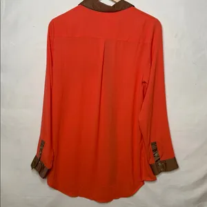 Free People sheer coral satin finish trim button down long sleeve shirt top sz L thumbnail 7