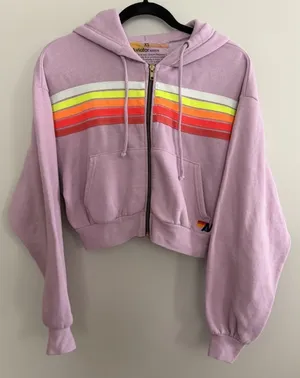 Aviator Nation 5 Stripe‎ Cropped Zip Hoodie Relaxed Mauve/White Neon Size XS thumbnail 1