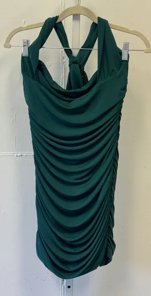Lucy in the Sky Forest Green Ruched Halter Cowl Neck Bodycon Mini Dress Large thumbnail 1