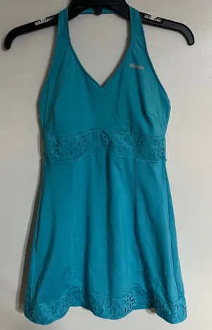 Reebok Womens Teal‎ Blue Halter Athletic Dress Built in Bra Laser Cut Eyelet S thumbnail 1
