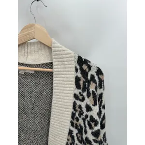 LOFT Leopard‎ Print Cardigan Sweater S Cream Open Front Cozy Knit Preppy Chunky thumbnail 6