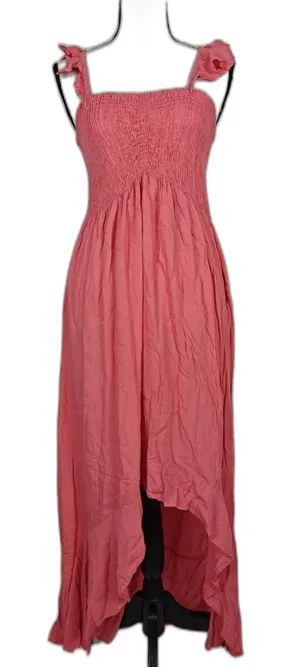 Women's Boho Me Maxi Dress Pink Smocked High Low Ruffle Strap Size L thumbnail 1