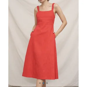 En Creme‎ Red Open Back Midi Dress Square Neck Ramie Cottagecore Boho Sz S thumbnail 3