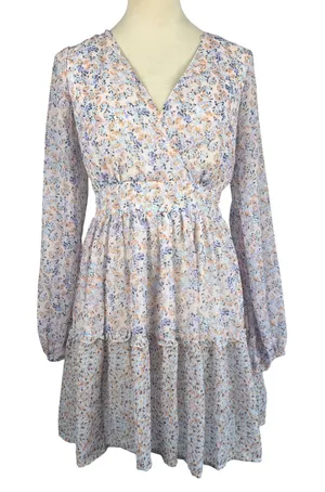 Floral Long Sleeve Mini Dress‎ Smocked Waist V-Neck Back Tie Medium Wedding Boho thumbnail 1