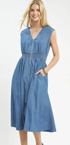 Umgee‎ Denim Sleeveless Zip-Front Smocked Waist Midi Dress - Small thumbnail 1