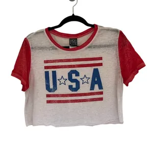 Modern Lux L USA Graphic Sheer Cropped T-Shirt Red White Blue Patriotic Preppy thumbnail 3