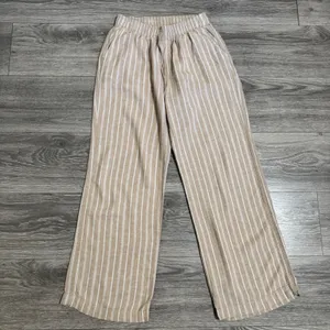 Briggs Womens Small Pants‎ Tan White Striped Wide Leg Linen Blend Elastic Waist thumbnail 3
