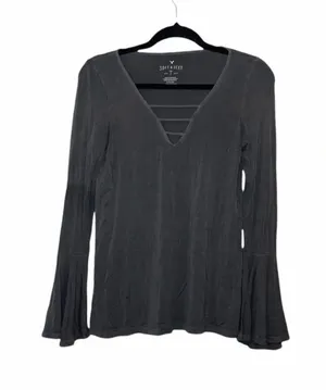 American Eagle Soft & Sexy Bell Sleeve Tee Gray Strappy V-neck thumbnail 1