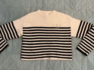 Zara Cream and Black Striped Crewneck Sweater thumbnail 1